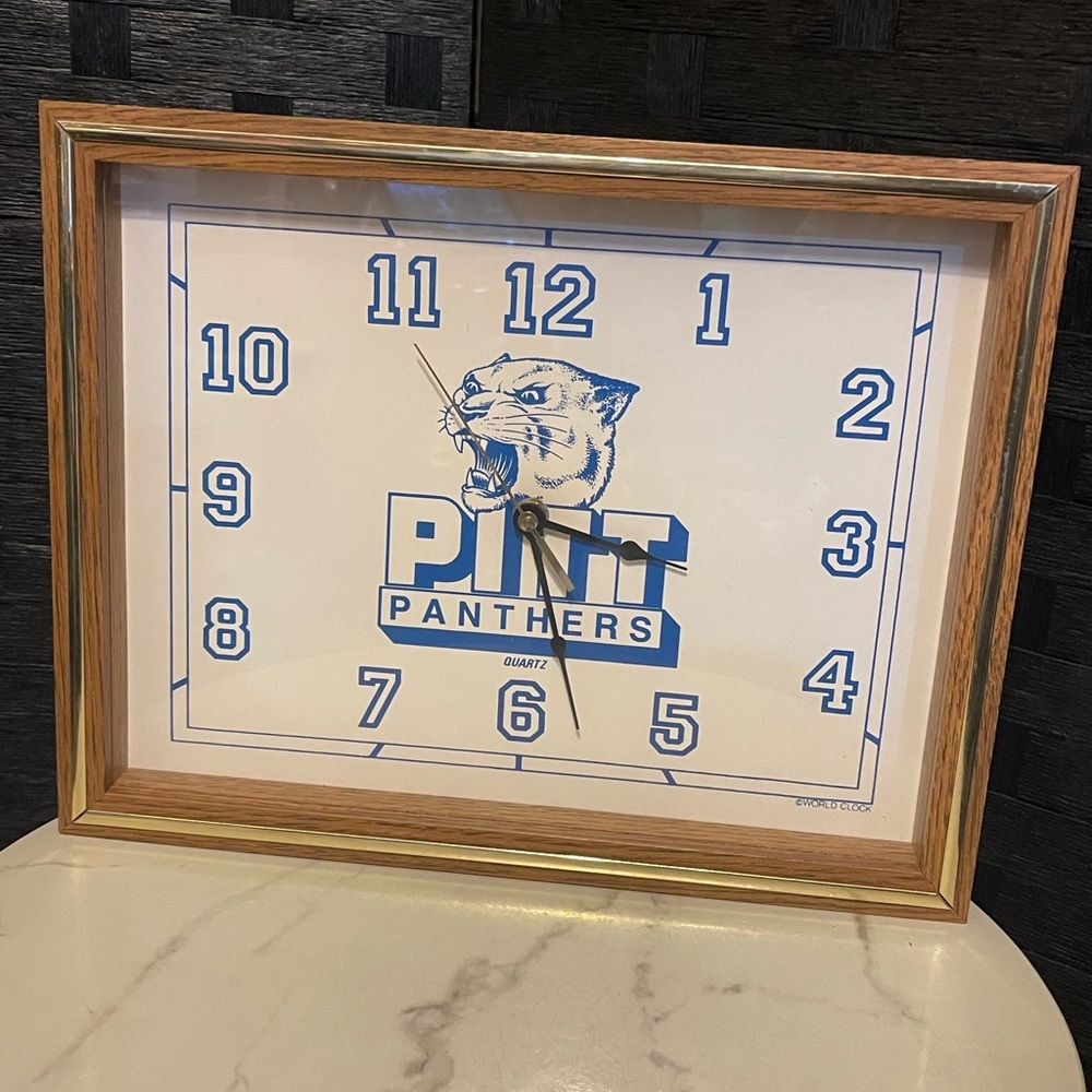 Vintage 70s Pittsburgh Panthers Wood Framed Glass Quartz Wall Clock 14" X 11"